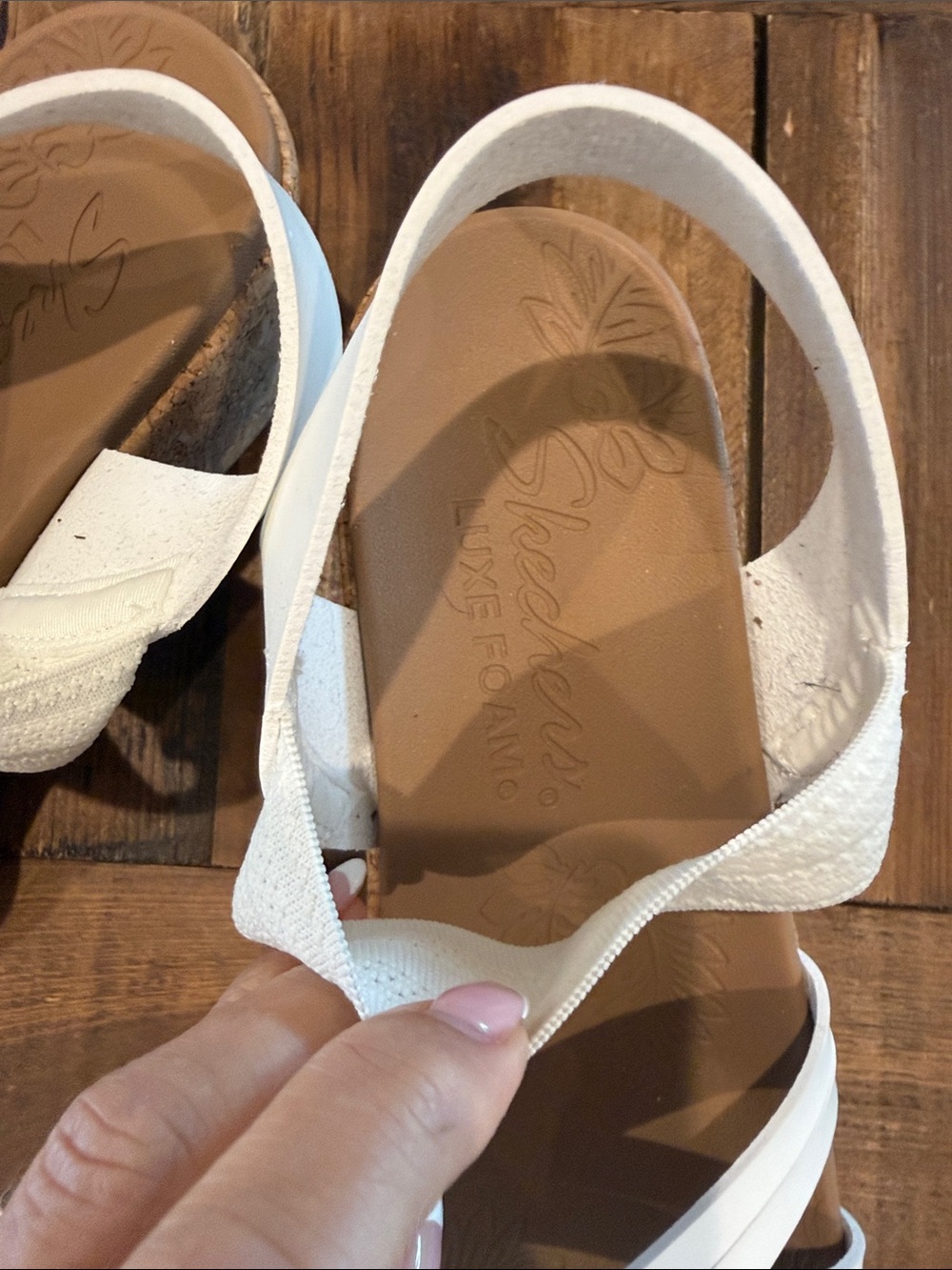 Skechers White Strappy Cork Wedge Sandals - Picture 4 of 5